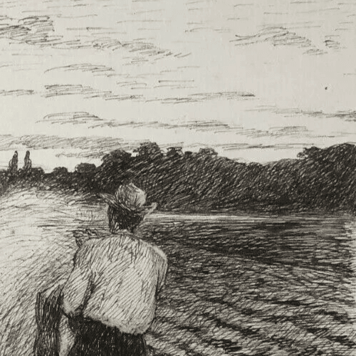 Antique Ink Old Drawing Original Man in the Field, Sow, Farmer image 2