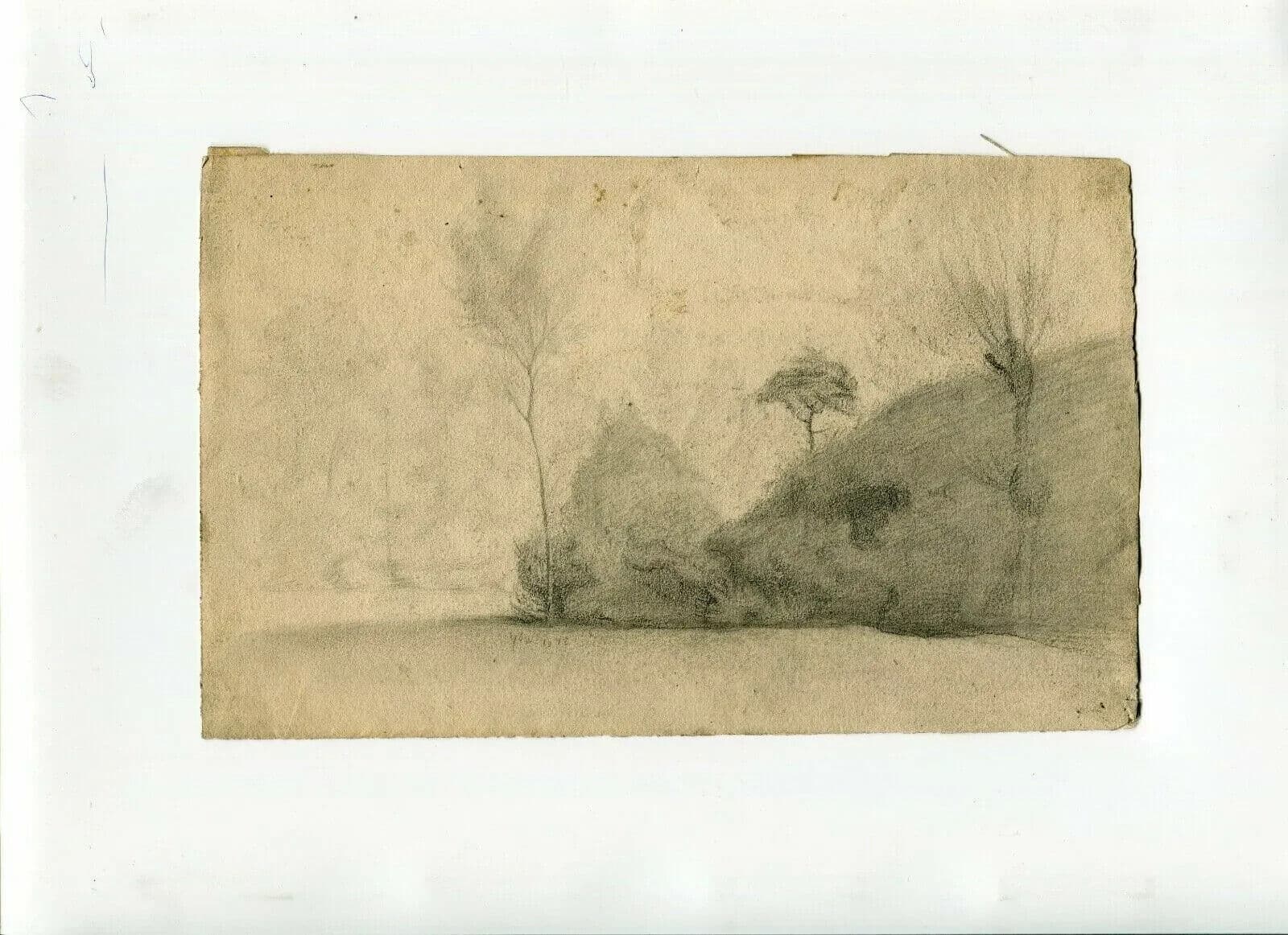 Antique Pencil Drawing Original 19th century Landscape, Tree, Countryside image 5