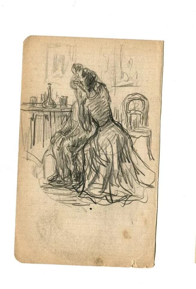 Antique Pencil Original Drawing signed Elegant Women Sitting image 6