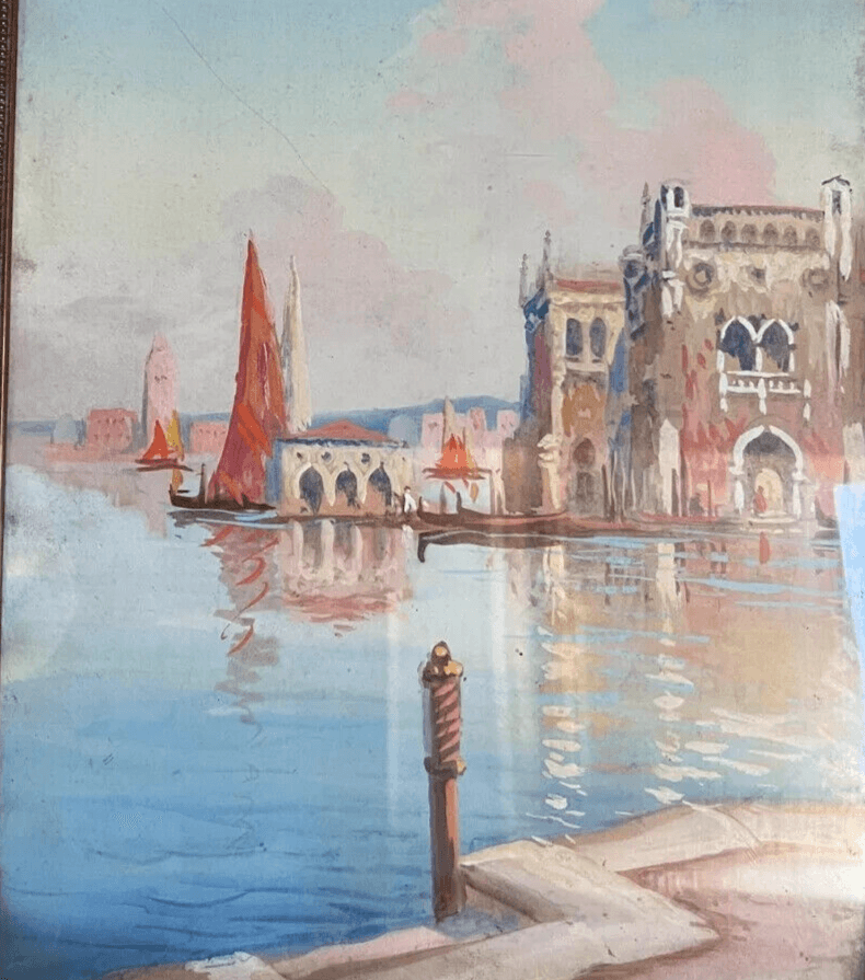 Antique Oil Painting Venice Cityview Landscape Building, Canal, Boat Framed image 5
