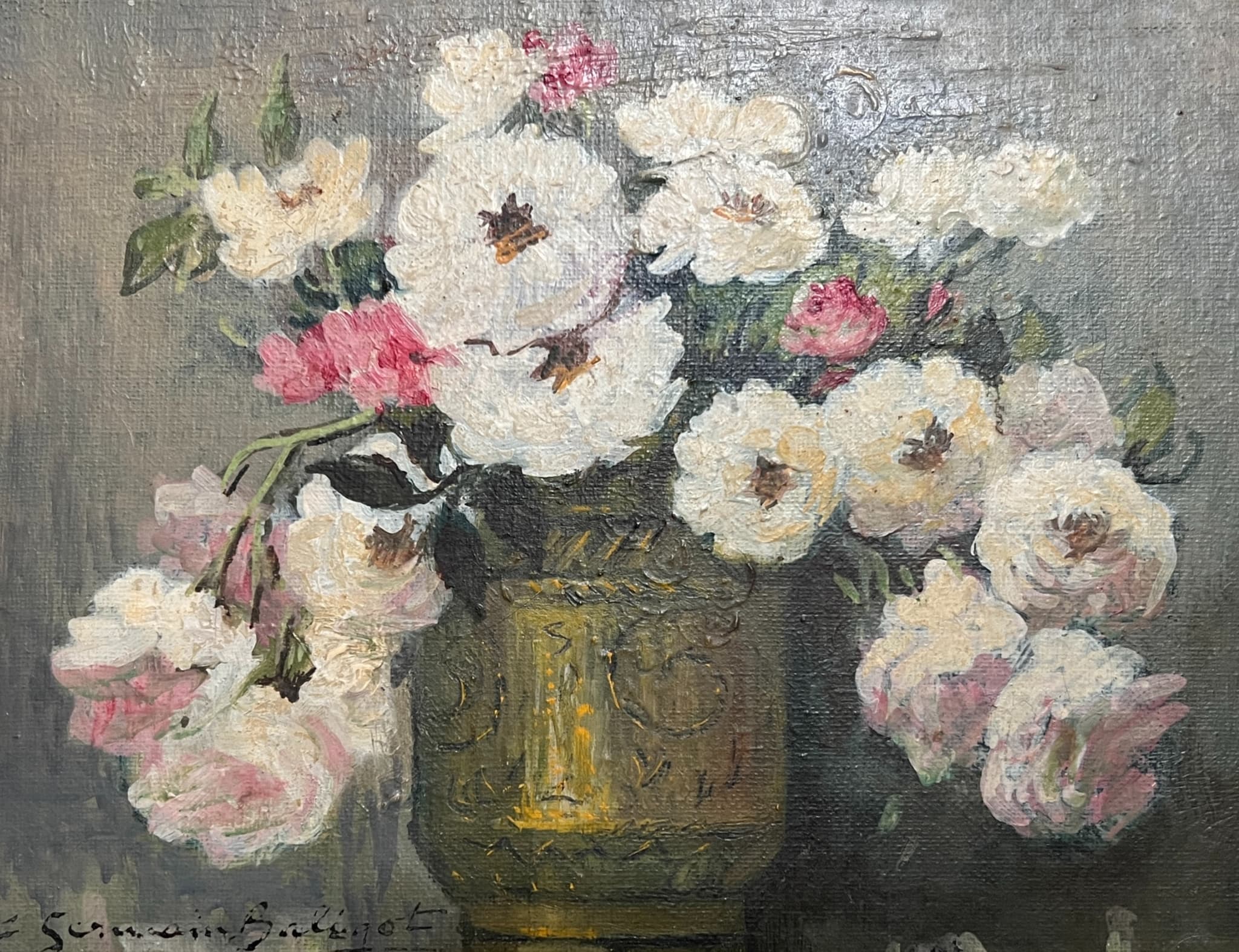 Painting by Louise GERMAIN (1874-1939) Roses Flower Bouquet image 1