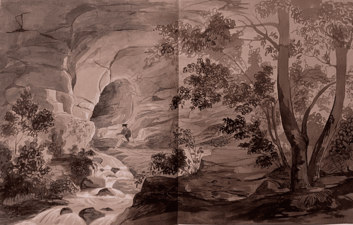 Antique Ink Drawing Original 19th century Man in Landscape 1837 image 2