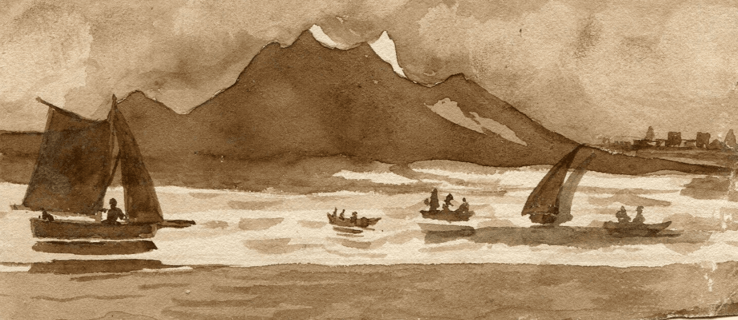Antique Ink Drawing Original 19th century Mountain, Boats, Sea, Maritime image 1