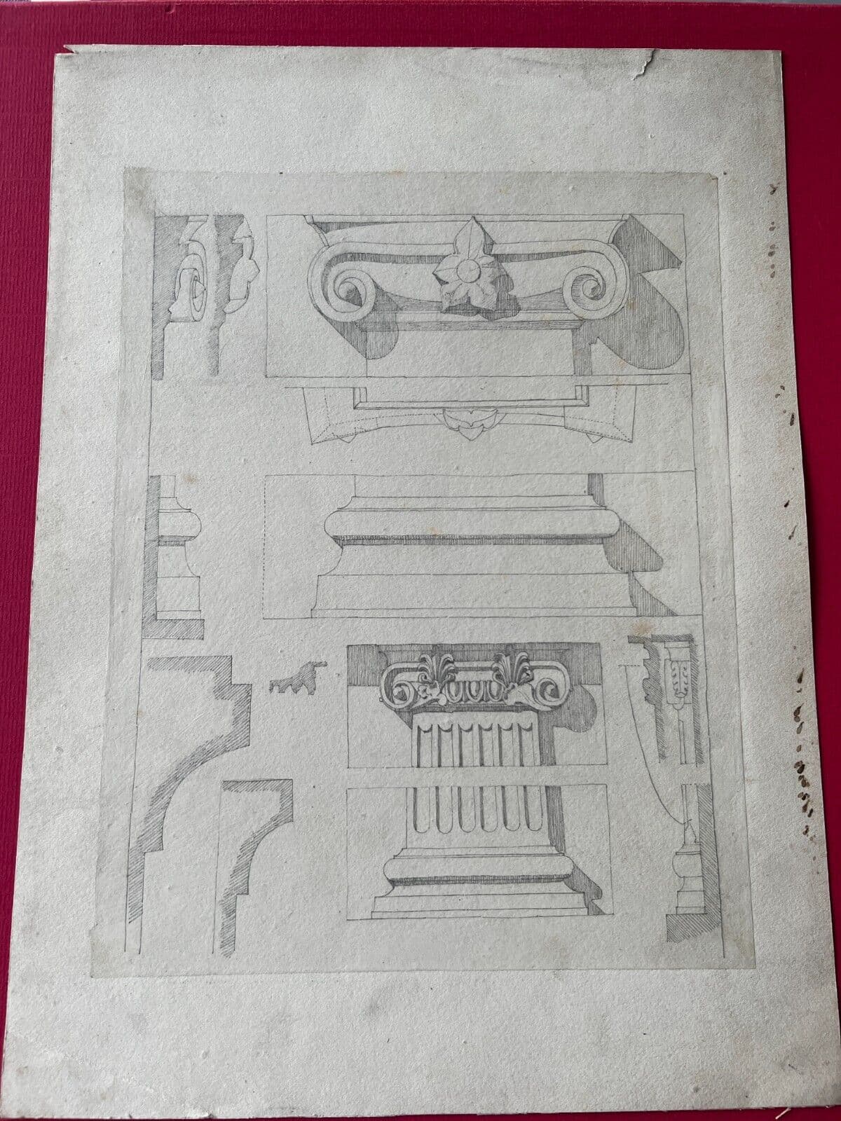 Drawing 19th century Original Antique Pencil Architecture Columns Artwork image 6