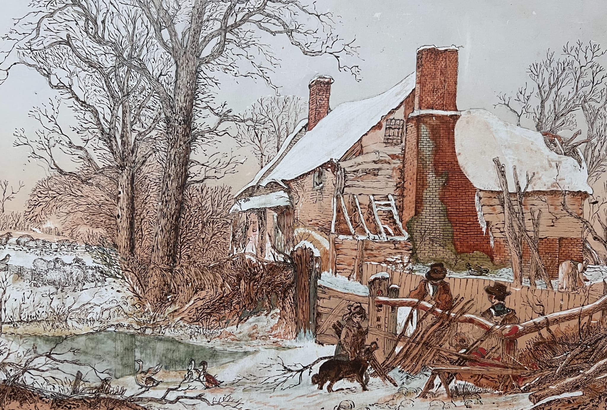 Drawing Winter Landscape Family and Dog by a House image 1
