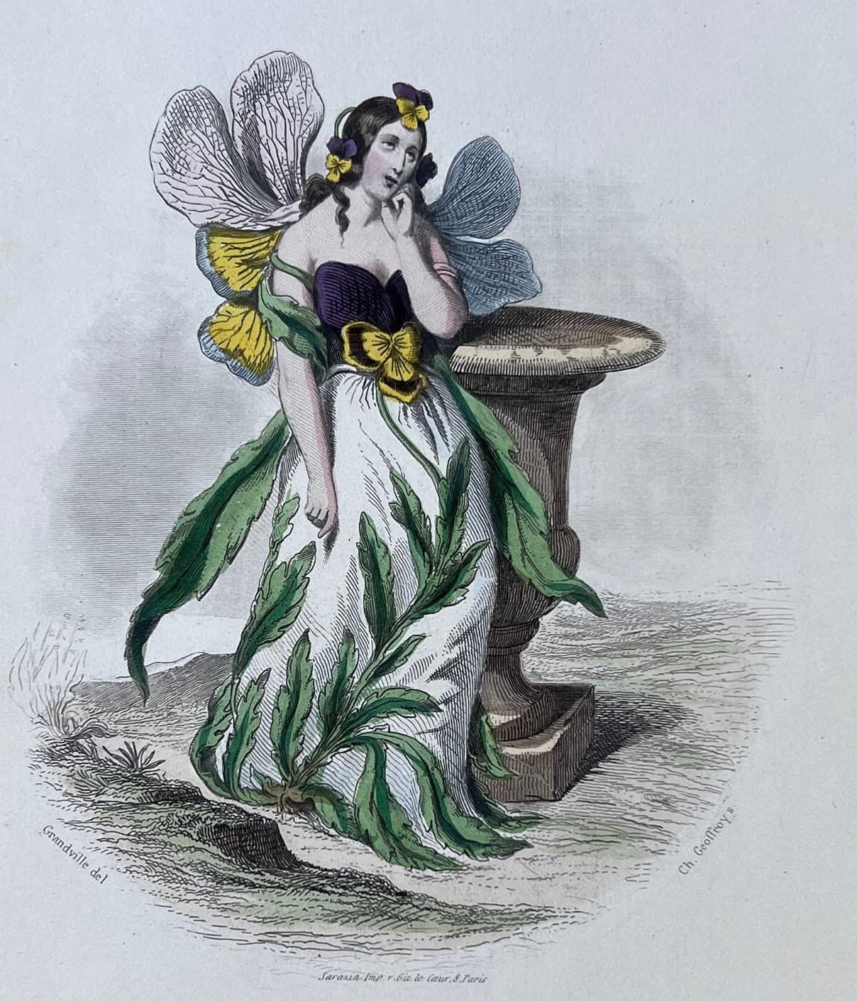Antique Botanical Costume Illustration "Pensée" Pansy-Inspired Dress 19th image 1