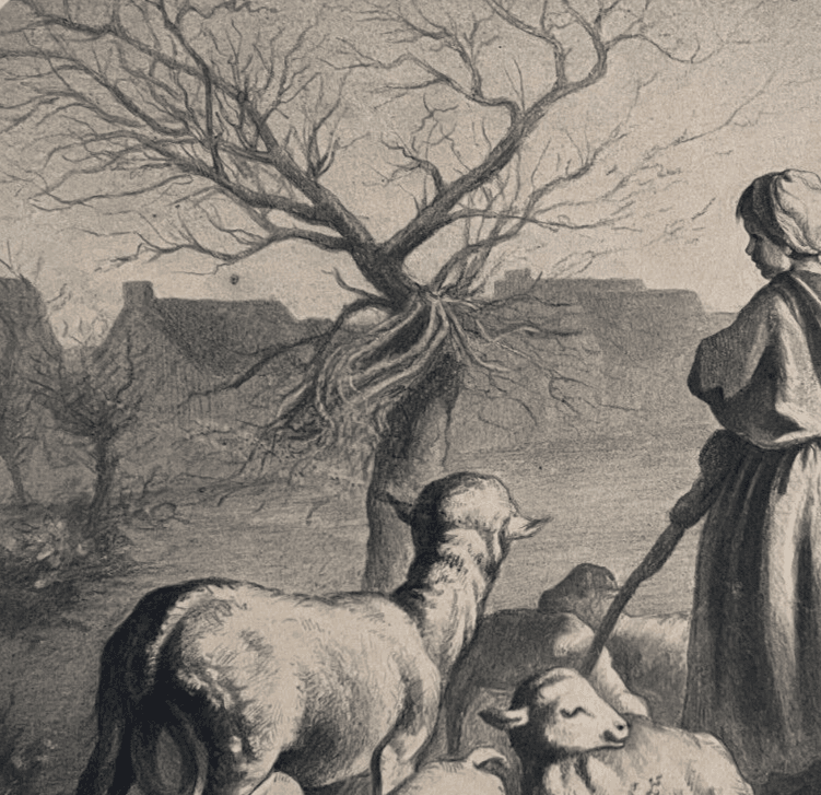 Antique Drawing Original Farmer, Sheep, Landscape, Farmer, Work 1853 image 5