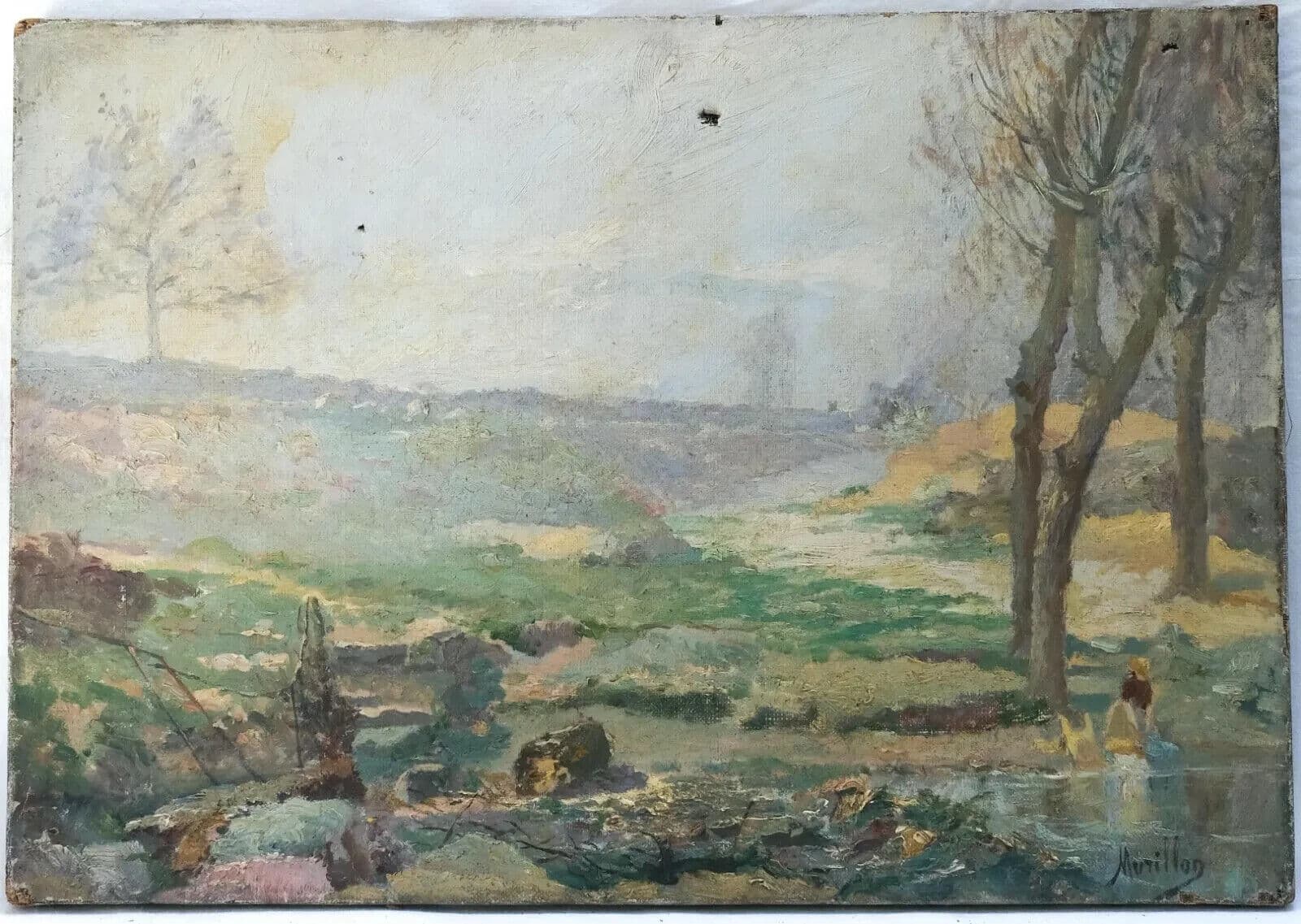 Antique Painting Oil Original 19th Landscape Woman Cleaning Laundry signed image 8