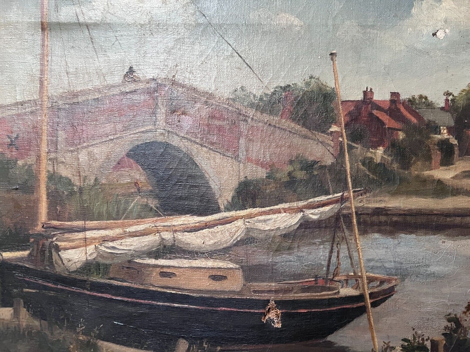 Antique Oil Original Painting Landscape, Bridge, Town and Boat 19th century image 1