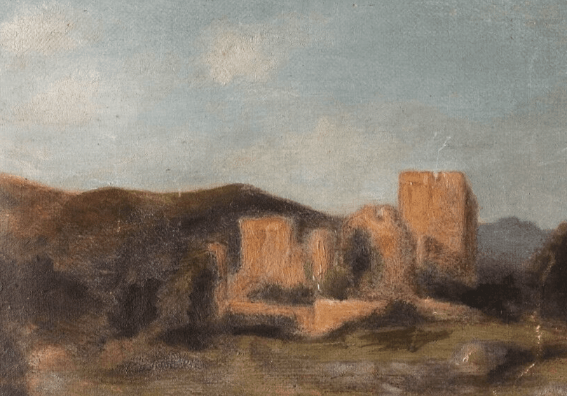 Antique Original Painting Landscape with Ruins, Castle 19th century People image 2