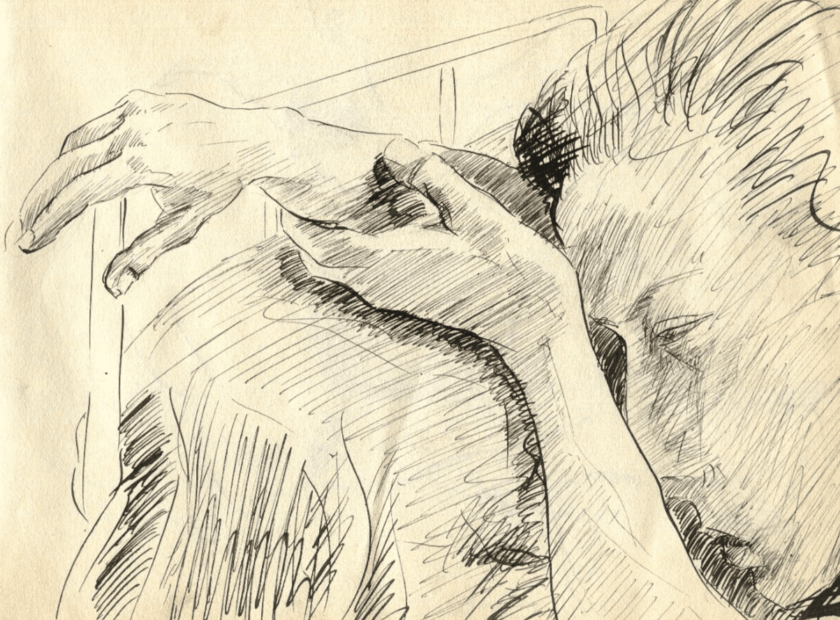 Vintage Ink Original Drawing Man Portrait, Sleeping, Arms