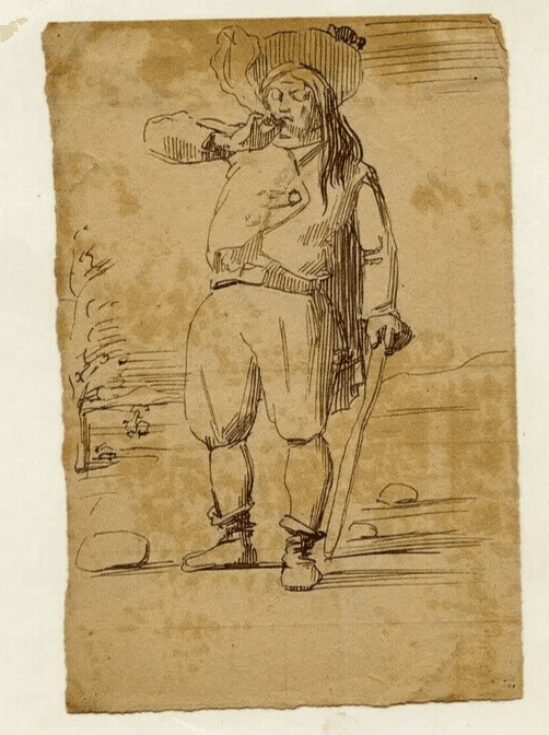 Antique Ink Drawing Original 19th century Man Smocking a Pipe, Flemish