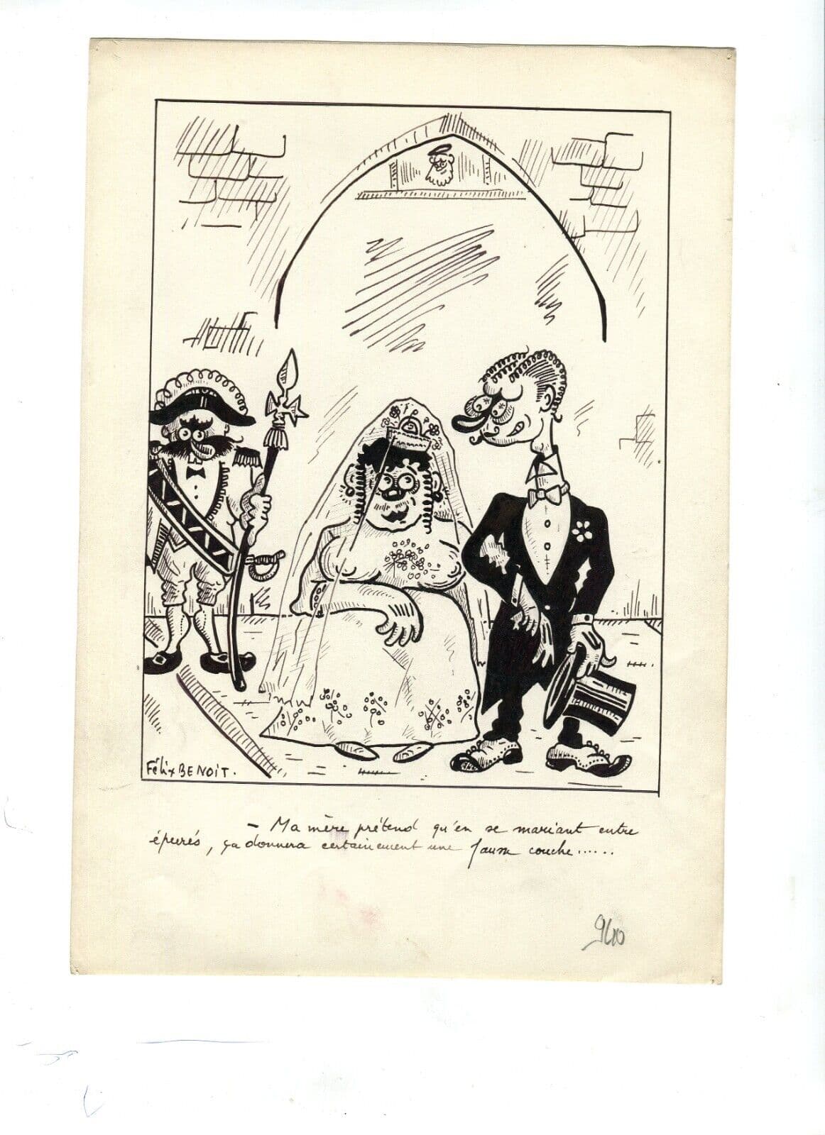 Vintage Ink Original Signed Drawing Caricature Wedding Couple Artwork image 6