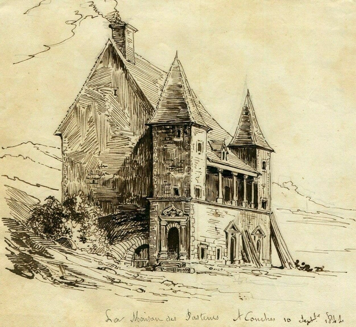 Antique Ink Drawing 19th century Conches Landscape 1841 image 1