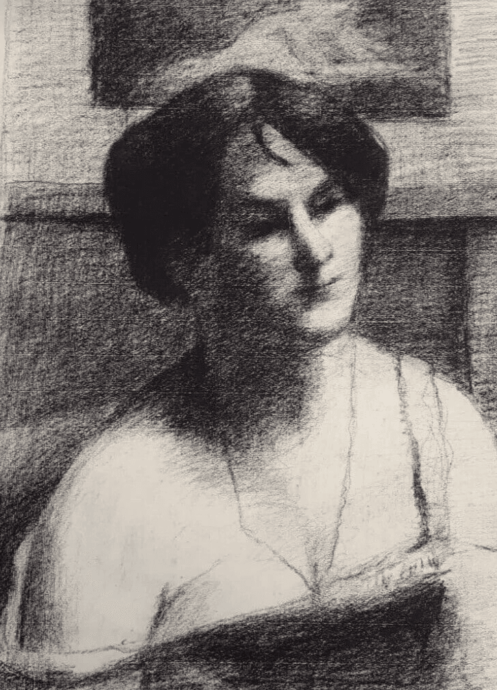 Antique Drawing Charcoal Woman Portrait with Necklace image 1