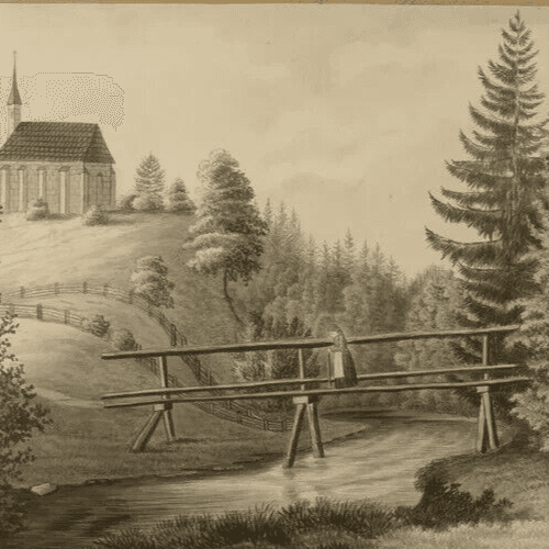 Antique Ink Drawing Original 19th century Woman on a Bridge by a Forest image 4