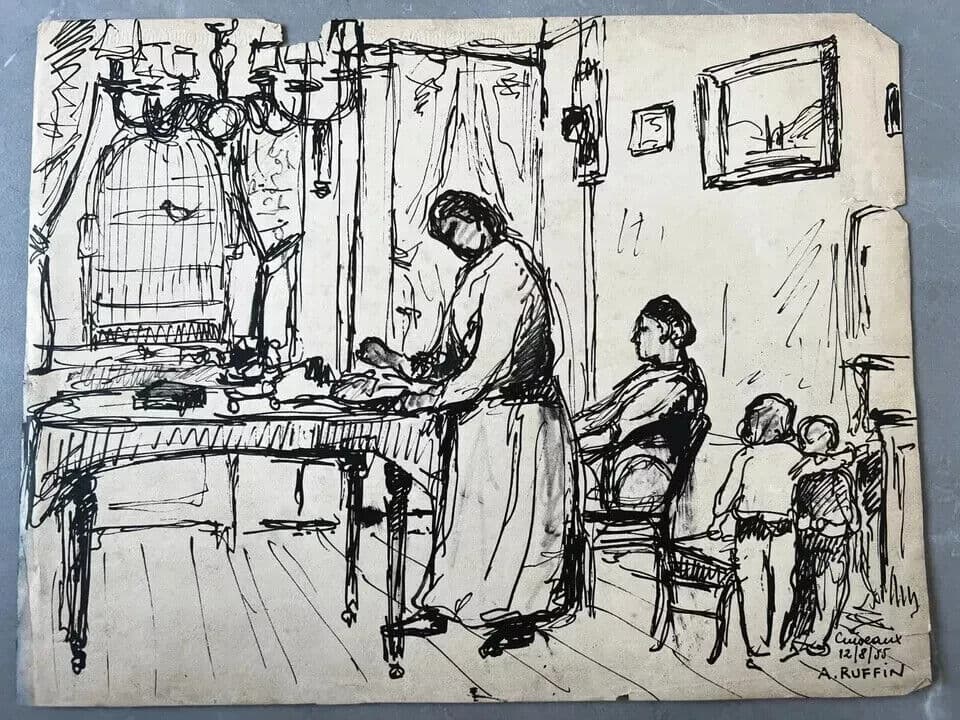 Original Antique Drawing André RUFFIN (1898-1981) Family Scene Artwork image 2