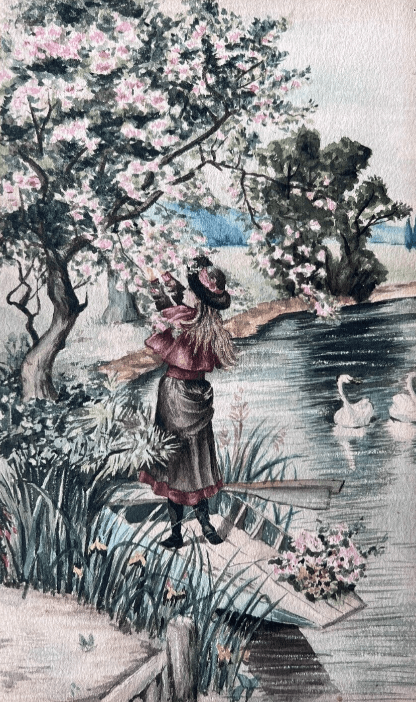 Antique Drawing Original Woman Portrait, Trees, Swann
