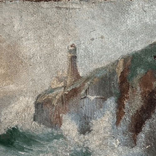 Antique Original Painting Landscape, Seaview, Lighthouse, Waves, Seagull signed image 3
