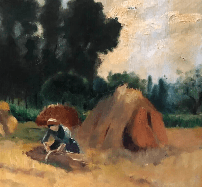 Antique Oil on canvas Old Painting Landscape, Hay, Fields image 2