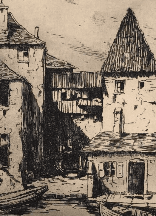 Antique Etching Original Landscape, Houses, Cityview, Town signed image 6