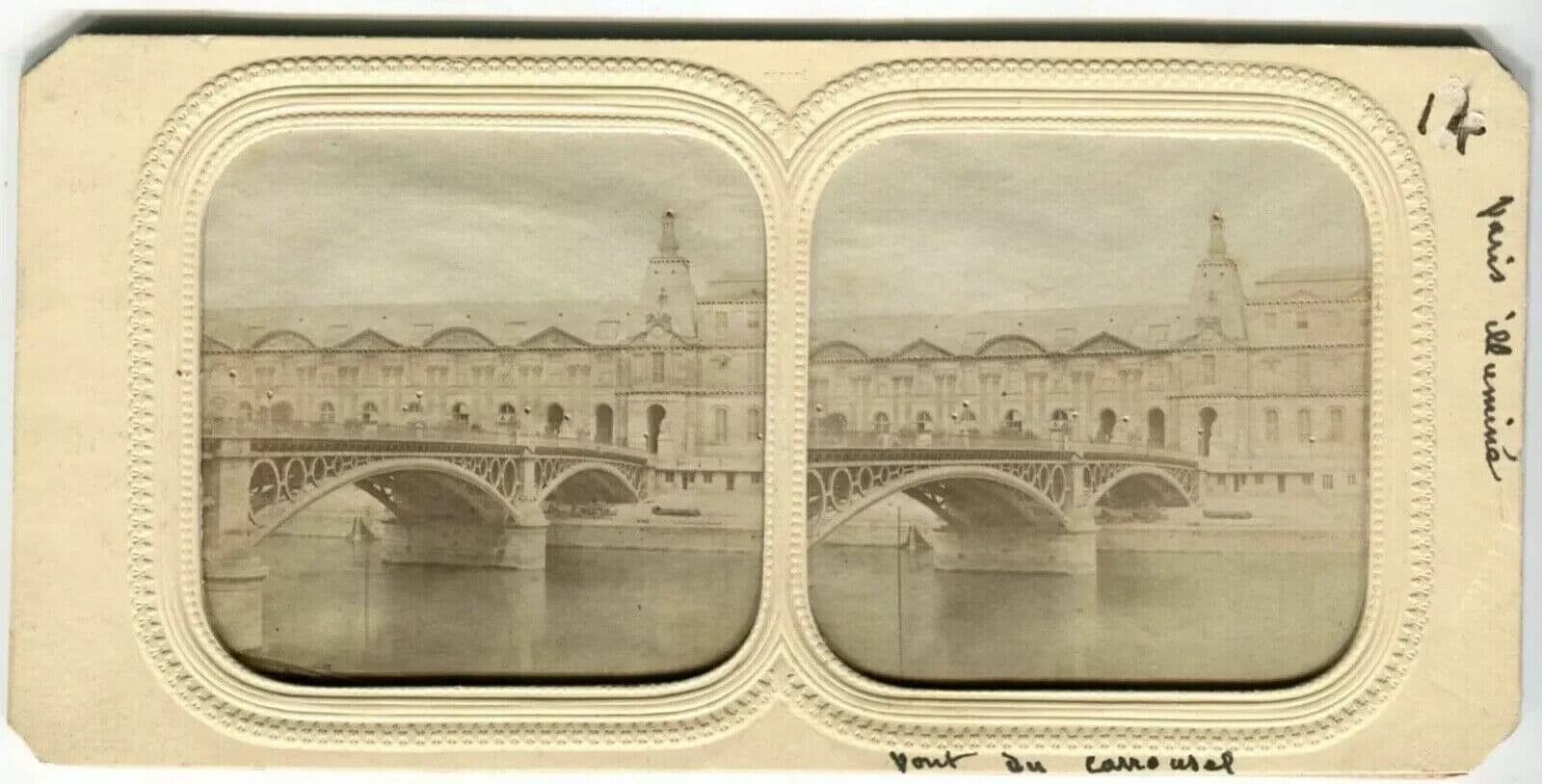 Vintage Stereoview Day/Night - Carrousel Bridge, Paris illuminé Albumen c. 1870 image 6