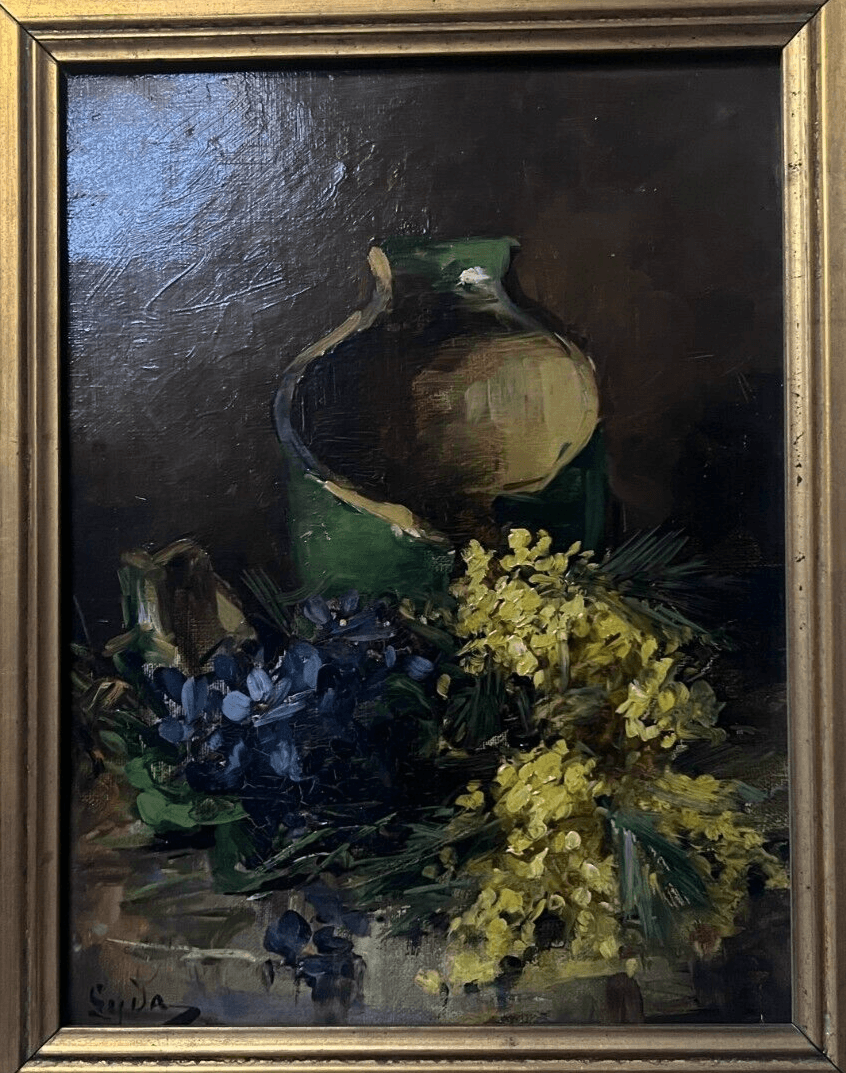Antique Painting Original Still Life, Flowers, Pichet, signed 19th century image 2