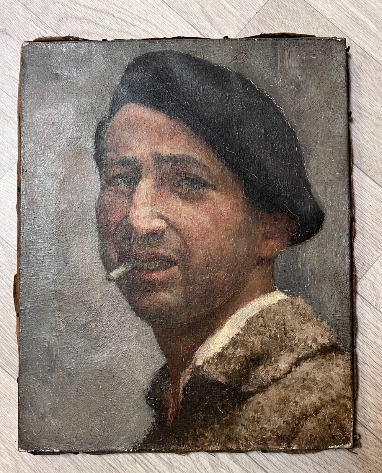 Antique Oil Painting Original Man, Portrait, Smocking, Spanish, Hat image 6
