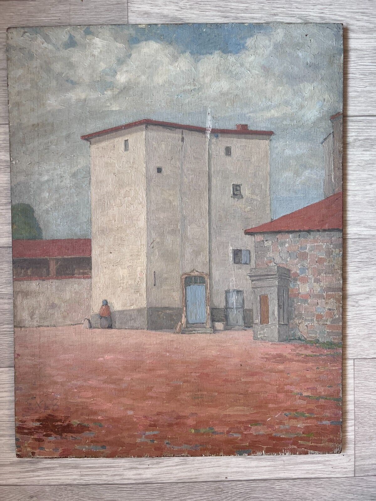 Antique Oil Original Painting City views Landscape, Houses and People image 2