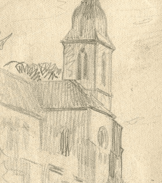 Vintage Pencil Original Drawing signed Village Art Nouveau Artwork image 2