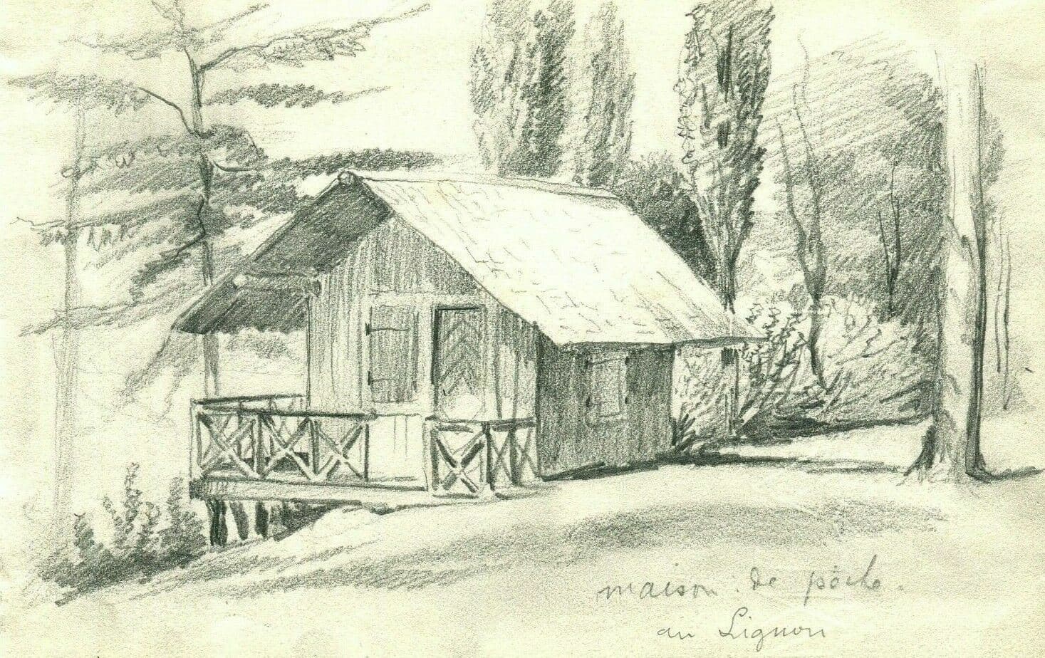 Antique Pencil Drawing House of Poche in Lignon, Landscape image 1
