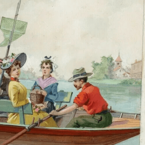 Antique Drawing Original Art Deco Gouache Figures on Boat Artwork image 4