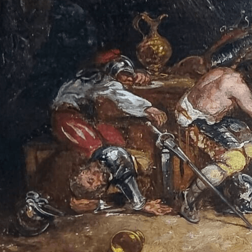 Antique Original Painting Old 19th Century Buffet Scene with Figures Drinking image 5