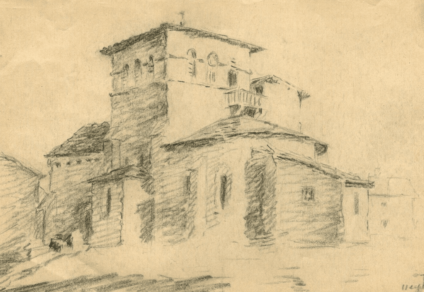 Vintage Pencil Signed Drawing Church, Monastery, Landscape, Architecture 1933