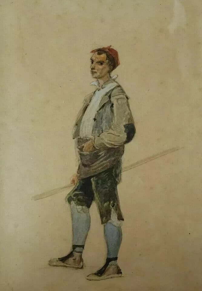 Antique Drawing 19th century Pastel Italian Man with a Stick Original image 6