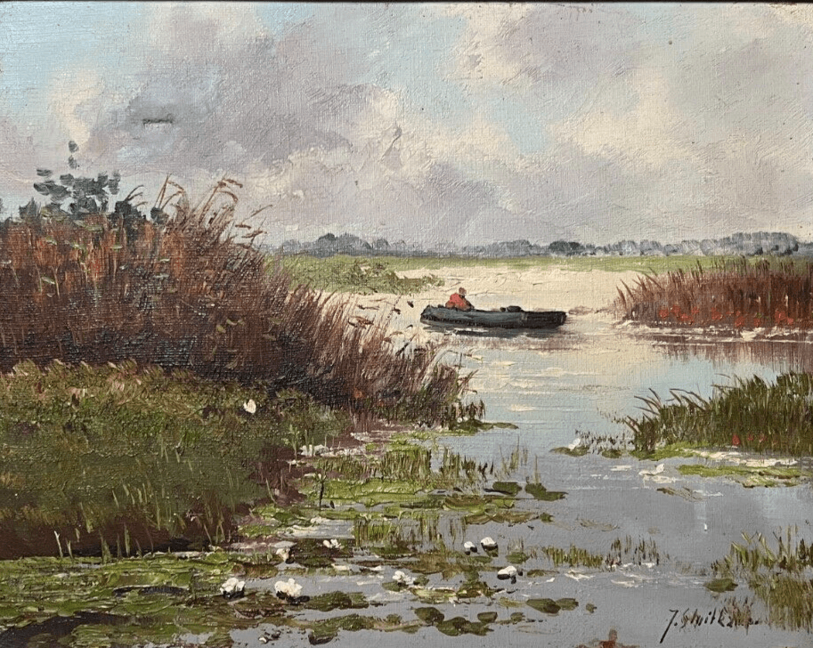 Antique Oil Painting signed Lake River Landscape Man on Boat image 1