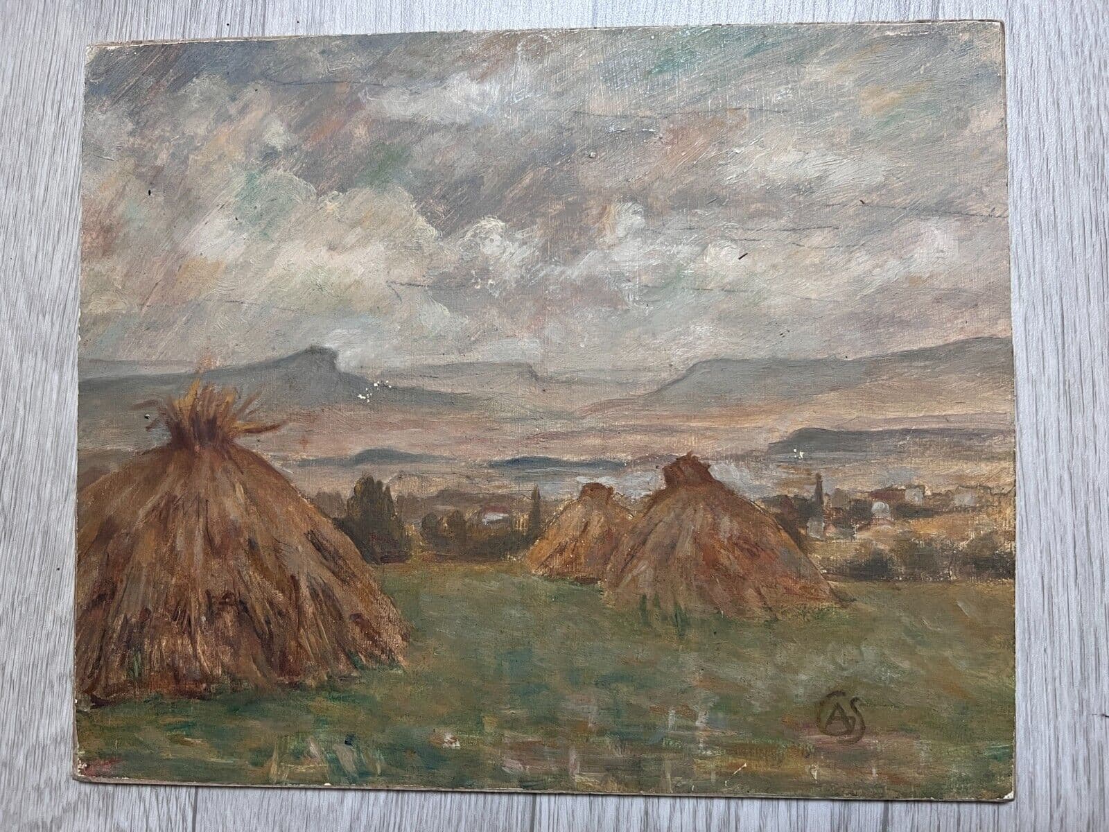 Antique Original Painting Landscape, Fields, Hay, Grass, Mountain signed image 2
