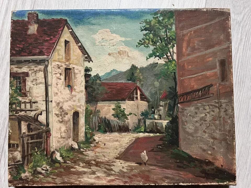 Antique Oil Vintage Original Painting Landscape Mountain Village, Chicken image 5