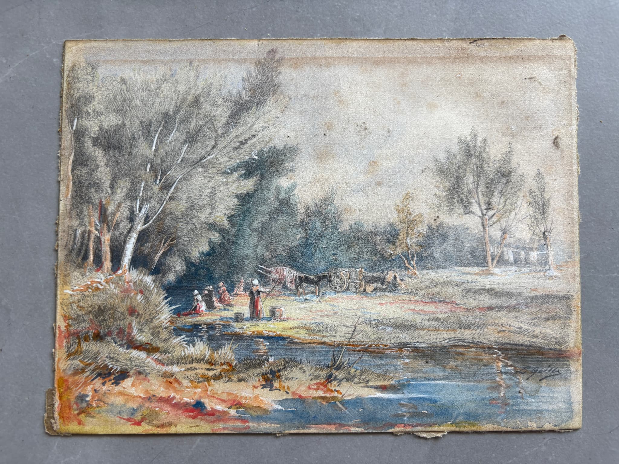 Antique Drawing Original signed Louis Ernest GUILLE (XIX) Landscape, People image 5