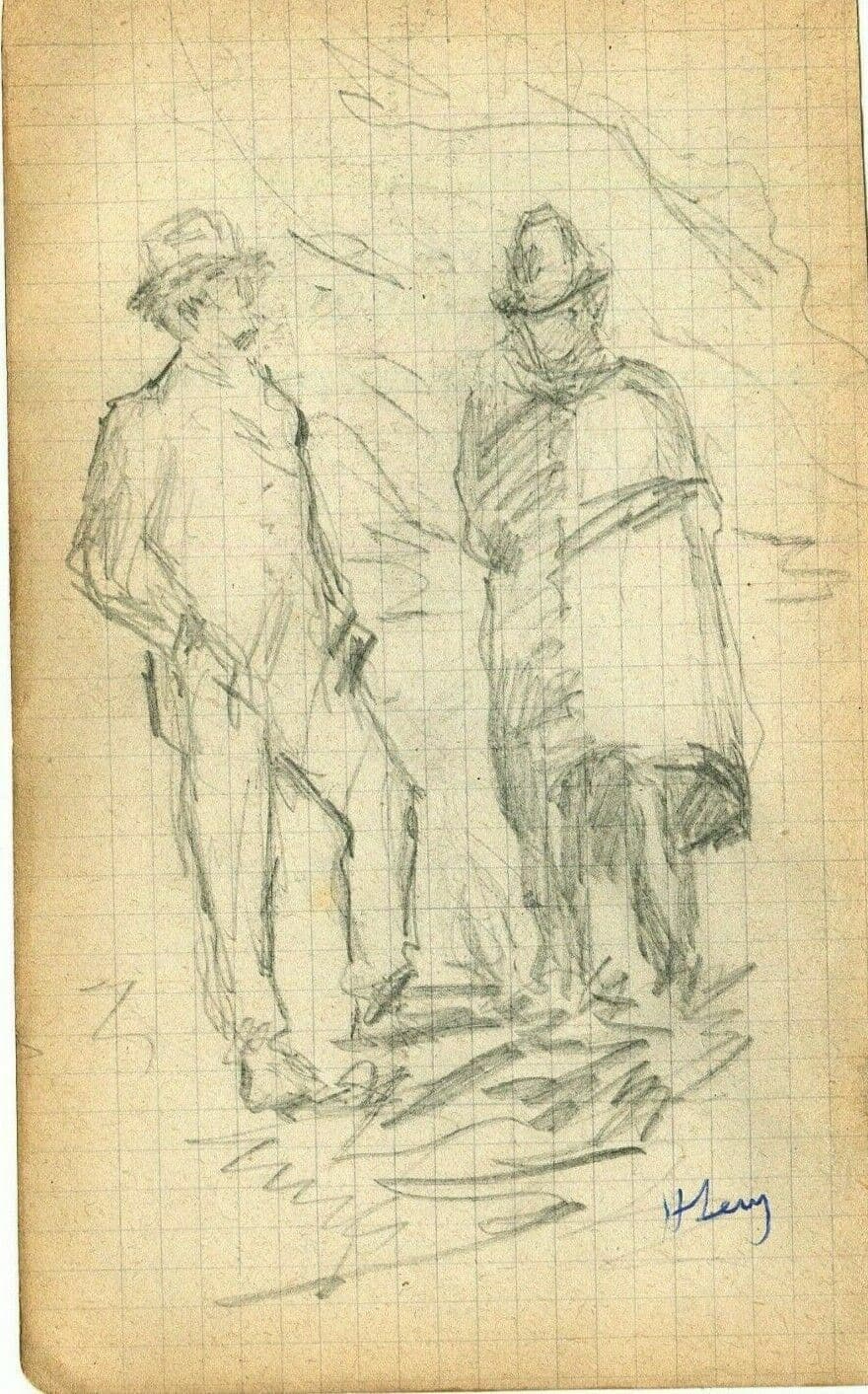 Antique Pencil Original Drawing Men Figures with Hats Sketch, Artwork Signed