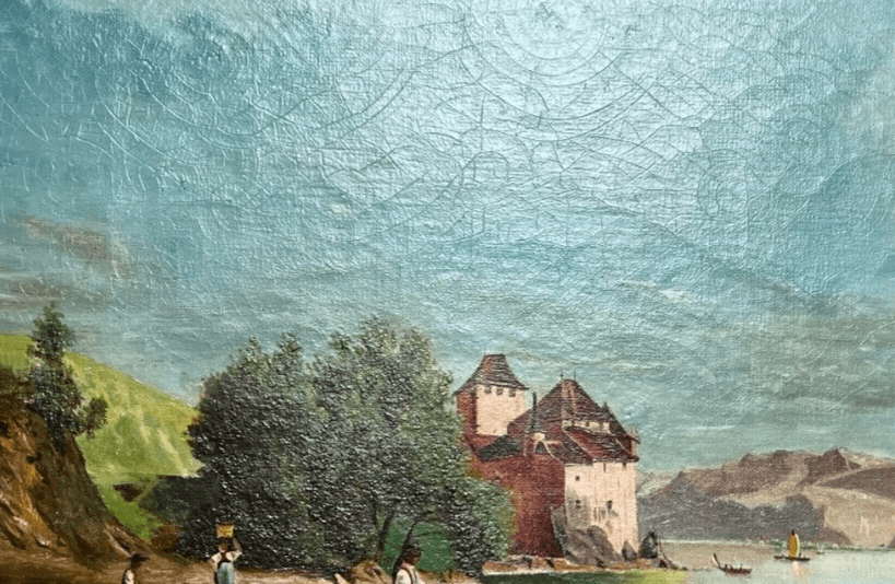 Antique Painting Original Landscape Amédée NURY (1856-?) Switzerland Lake, Boat image 3