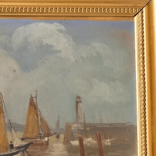 Antique Painting Original Old Maritime Landscape Boats Signed image 4