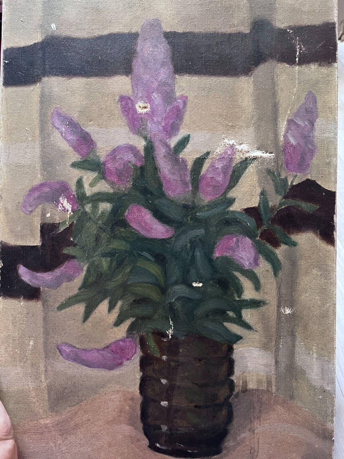 Antique Original Painting Purple Flowers Bouquet signed 1938 Floral image 1