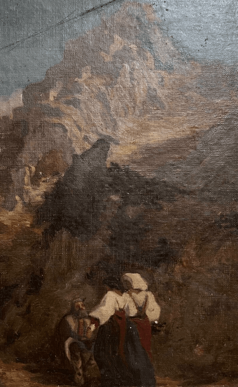 Antique Painting Original 19th century Religious, Women, Mountain, Landscape image 1