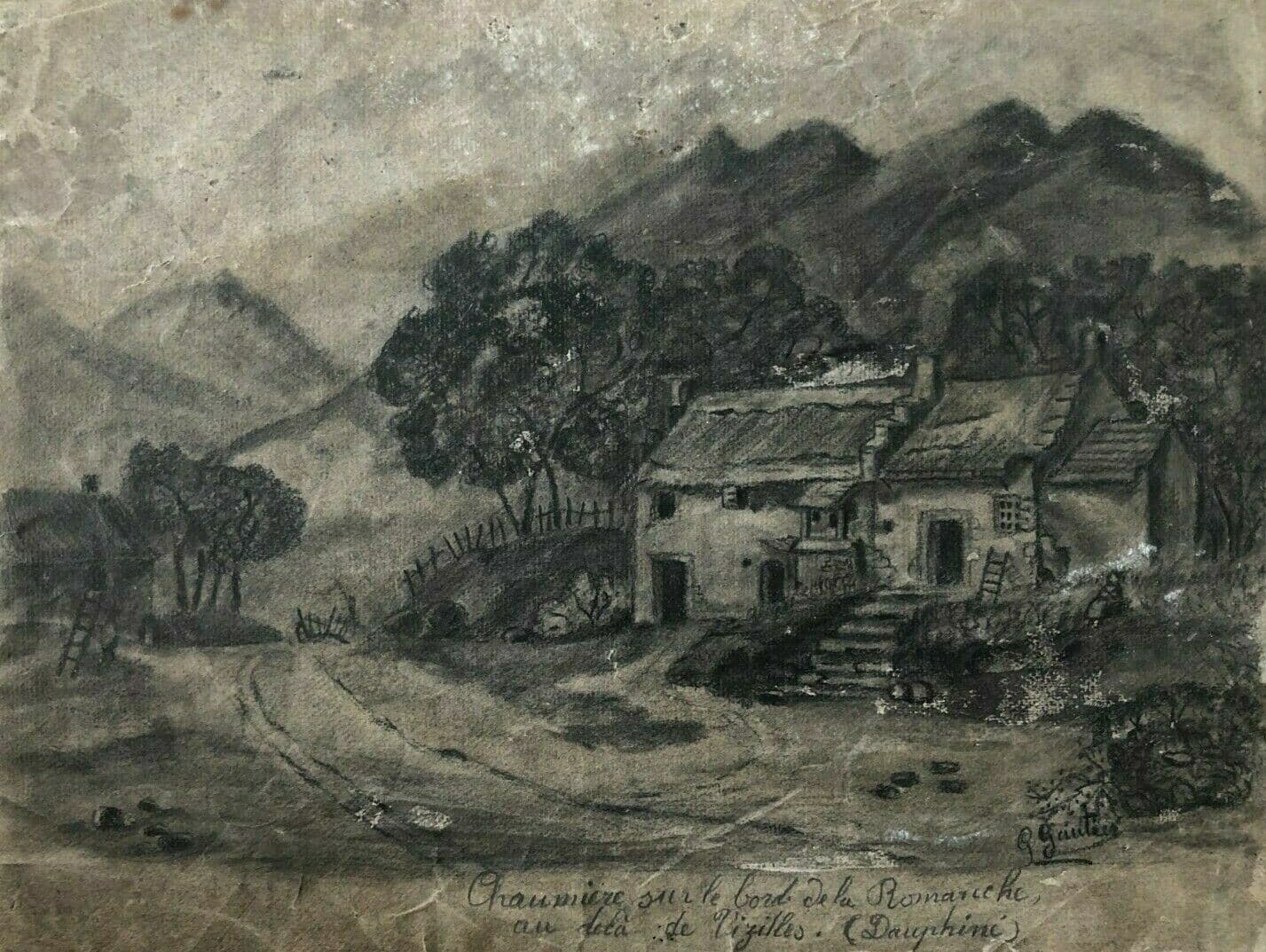 Antique Charcoal Drawing signed Gautier Thatched Cottage, Romanche, Vizilles