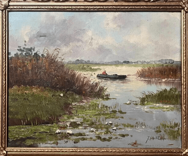 Antique Oil Painting signed Lake River Landscape Man on Boat image 4