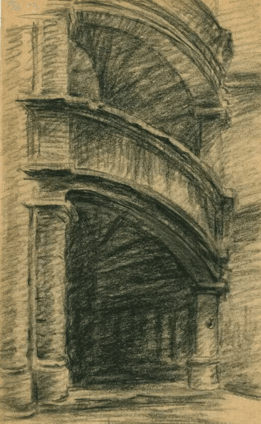 Vintage Pencil Drawing signed Architecture Staircase Fontainebleau Landscape