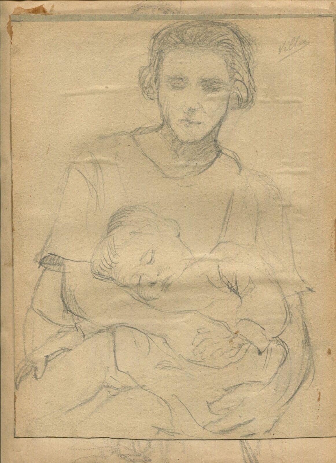 Antique Pencil Drawing Original Woman Portrait, Baby, Mother signed image 6