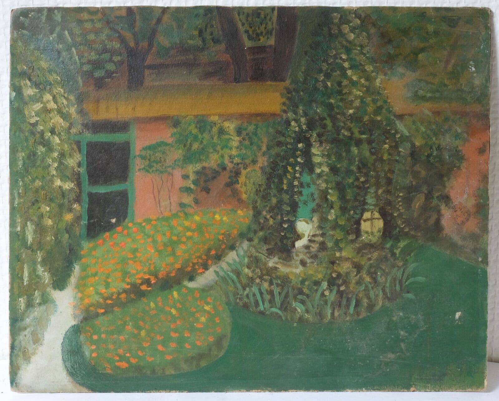 Antique Oil Original Painting Signed Garden Landscape, Floral image 2