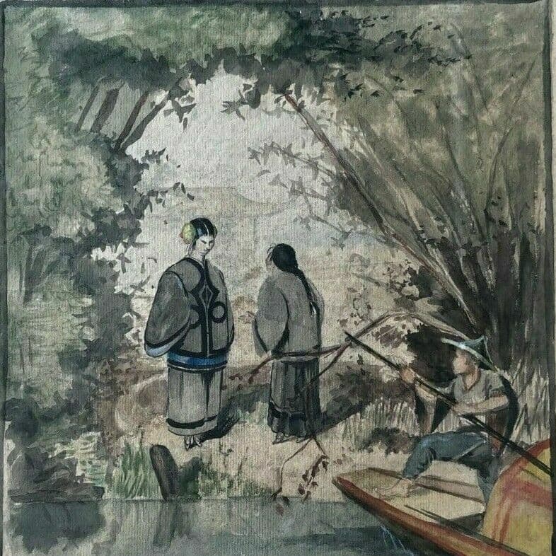 Asian Drawing Figures Japan, Fisherman, Woman 19th century image 1